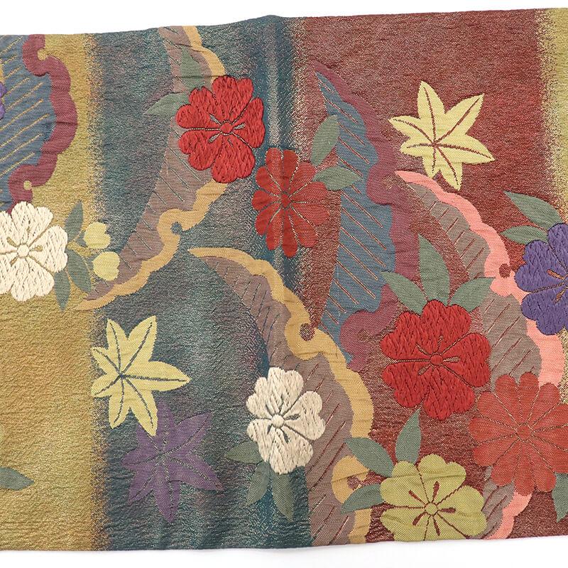 中古 袋帯 唐織 正絹 六通柄 金茶 臙脂 雪輪 花柄 長さ427cm 幅31cm リサイクル 仕立て上がりリサイクル帯 送料無料 即日発送_4