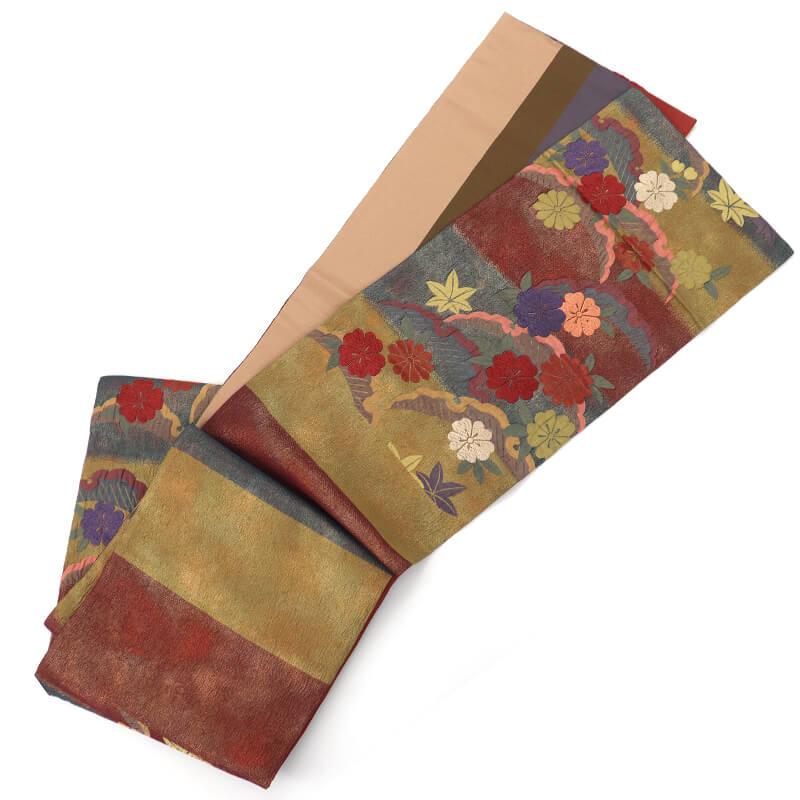 中古 袋帯 唐織 正絹 六通柄 金茶 臙脂 雪輪 花柄 長さ427cm 幅31cm リサイクル 仕立て上がりリサイクル帯 送料無料 即日発送_5