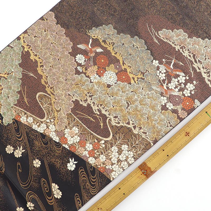 中古 袋帯 リサイクル フォーマル レディース 正絹 茶金 松 鶴 吉祥柄 