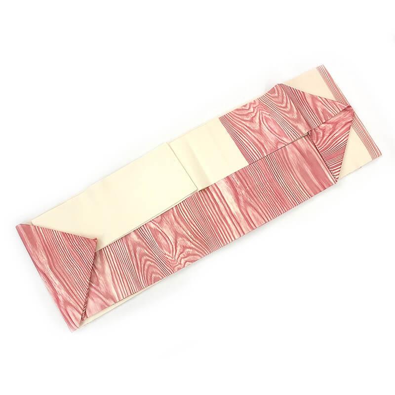 中古 名古屋帯 東京友禅 熊谷好博子作 九寸 正絹(金銀糸除く) ピンク 木目柄 名古屋仕立て 落款あり 和装 呉服 和服 きもの レディース 女性 中古 東京友禅作家 熊谷好博子名古屋帯 九寸名古屋帯 リサイクル