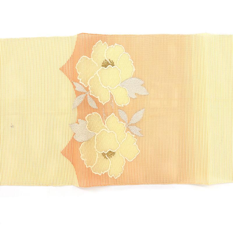 中古 絽綴れ 名古屋帯 夏帯 夏用 正絹 お太鼓柄 八寸帯 ベージュ 牡丹 