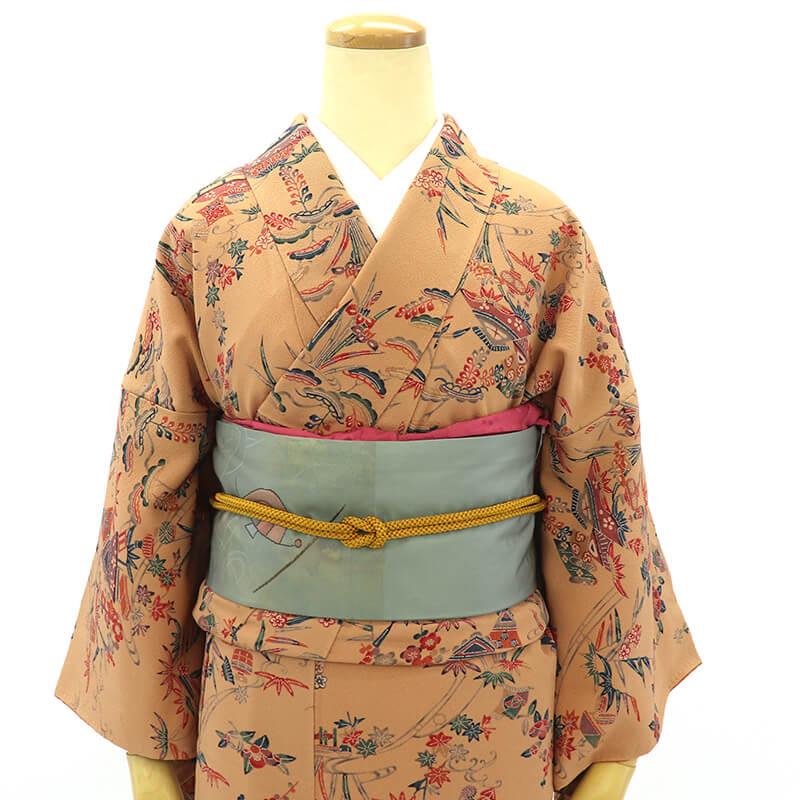 中古 小紋 4点セット コーディネート レディース 正絹 薄橙 型染 身丈 