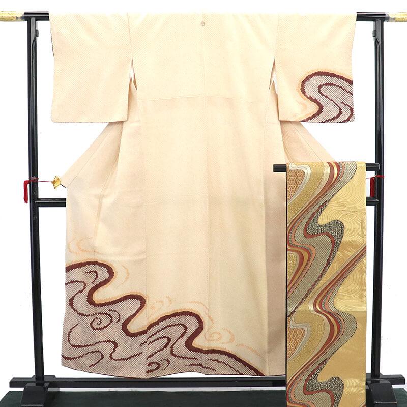 中古 絞り付下げ 袋帯 2点セット リサイクル レディース 正絹 ベージュ 