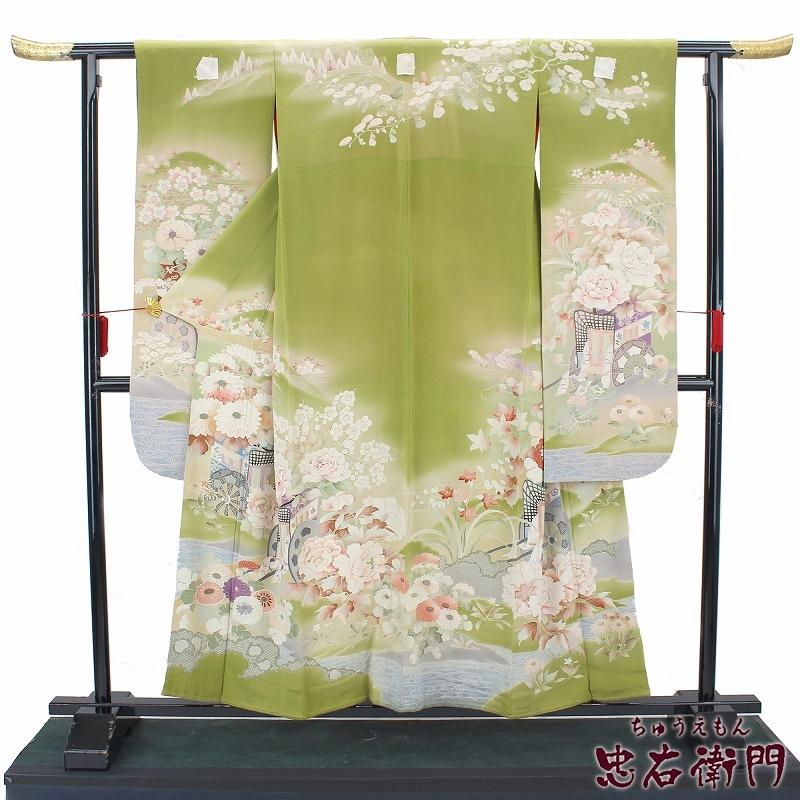 中古 振袖 アンティーク リサイクル 販売 五つ紋 五三の桐 正絹 緑 御所車 花柄 牡丹 桜 菊 裄63cm 忠右衛門 送料無料 あすつく