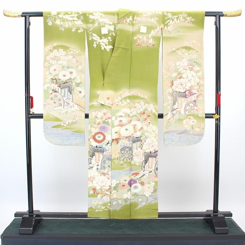 中古 振袖 アンティーク リサイクル 販売 五つ紋 五三の桐 正絹 緑 御所車 花柄 牡丹 桜 菊 裄63cm 忠右衛門 送料無料 あすつく_1