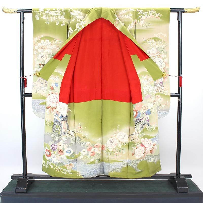 中古 振袖 アンティーク リサイクル 販売 五つ紋 五三の桐 正絹 緑 御所車 花柄 牡丹 桜 菊 裄63cm 忠右衛門 送料無料 あすつく_2
