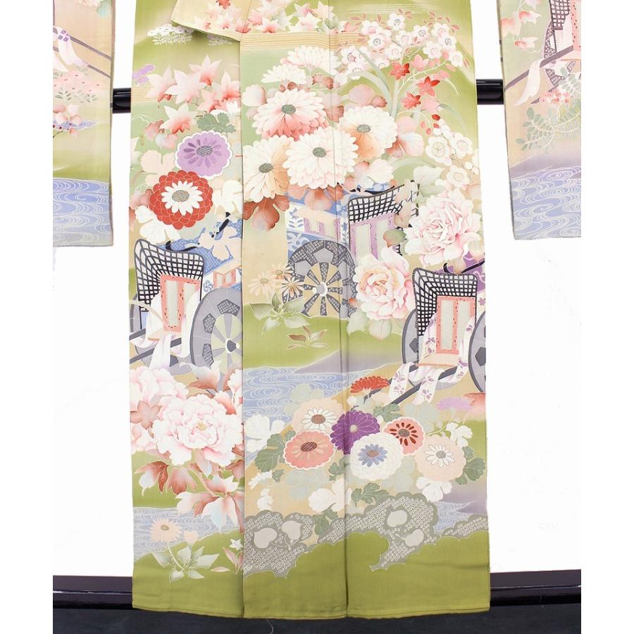 中古 振袖 アンティーク リサイクル 販売 五つ紋 五三の桐 正絹 緑 御所車 花柄 牡丹 桜 菊 裄63cm 忠右衛門 送料無料 あすつく_3