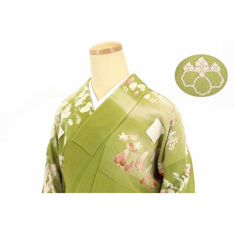 中古 振袖 アンティーク リサイクル 販売 五つ紋 五三の桐 正絹 緑 御所車 花柄 牡丹 桜 菊 裄63cm 忠右衛門 送料無料 あすつく_7