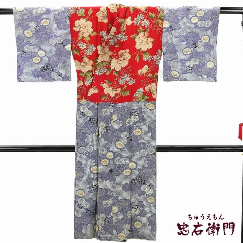 中古 異なる生地使いのお花のアンティーク長襦袢 レディース レッド ブルー レトロ ビンテージ リメイク素材 裄62cm 仕立て上がり 5960 リサイクル着物 忠右衛門 通販 Yahoo ショッピング