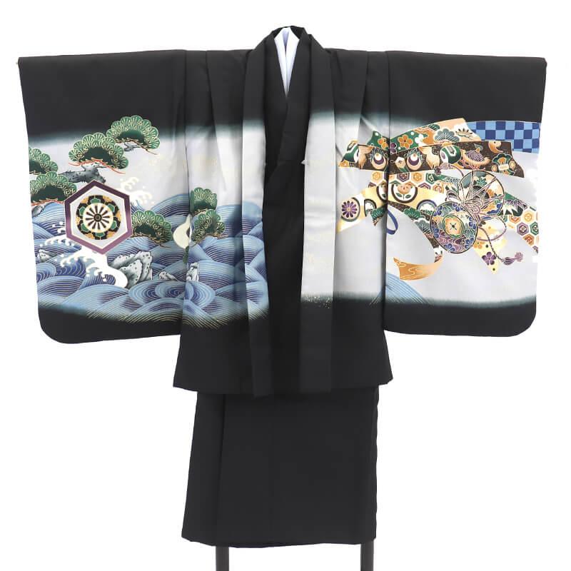 七五三★男児　羽織　着物★3歳 4歳 5歳★黒★中古★古典★　 u-300 中古 七五三 男の子 5歳 3点セット 化繊 着物 羽織 長襦袢 美品 仕立て