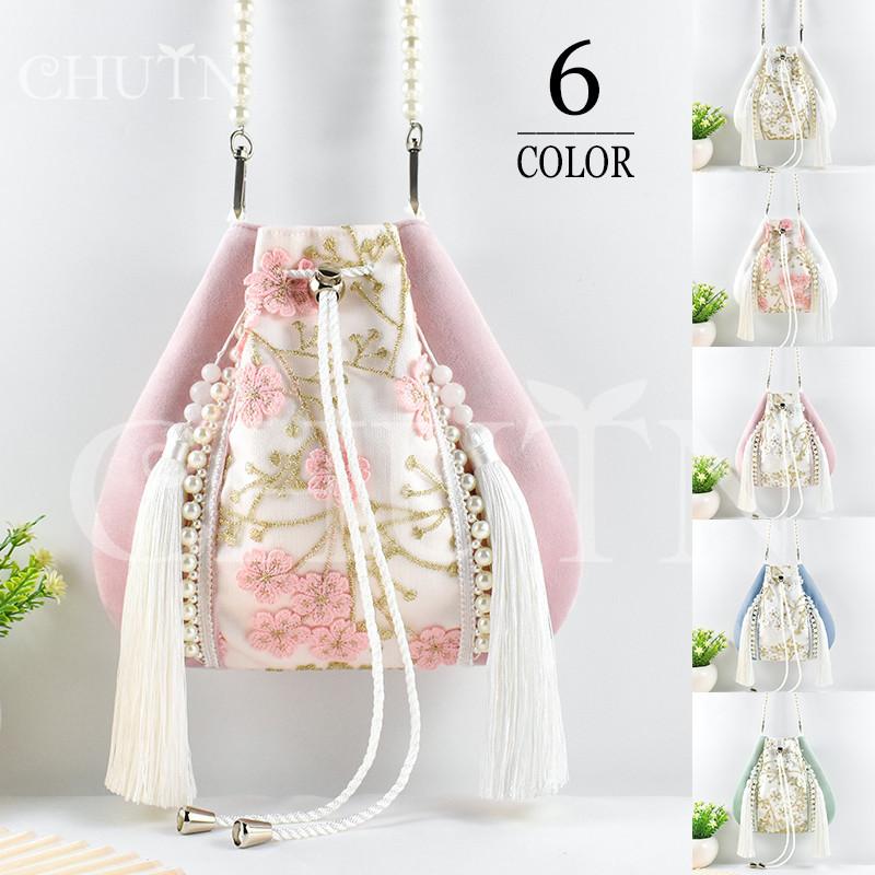 和装バッグ 唐装漢服バッグタッセル 巾着型花柄ポシェットバッグ