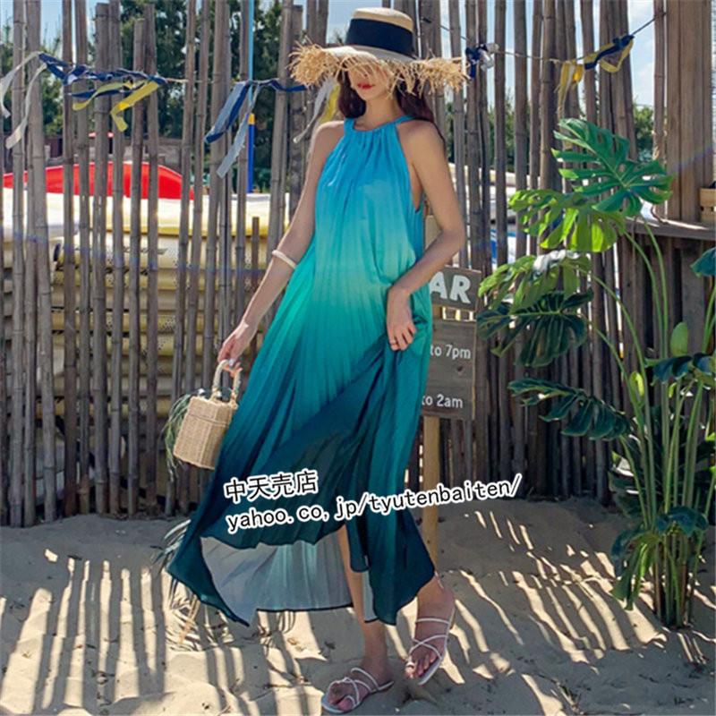 即納マキシワンピース ノースリーブ プリーツスワンピ リゾート