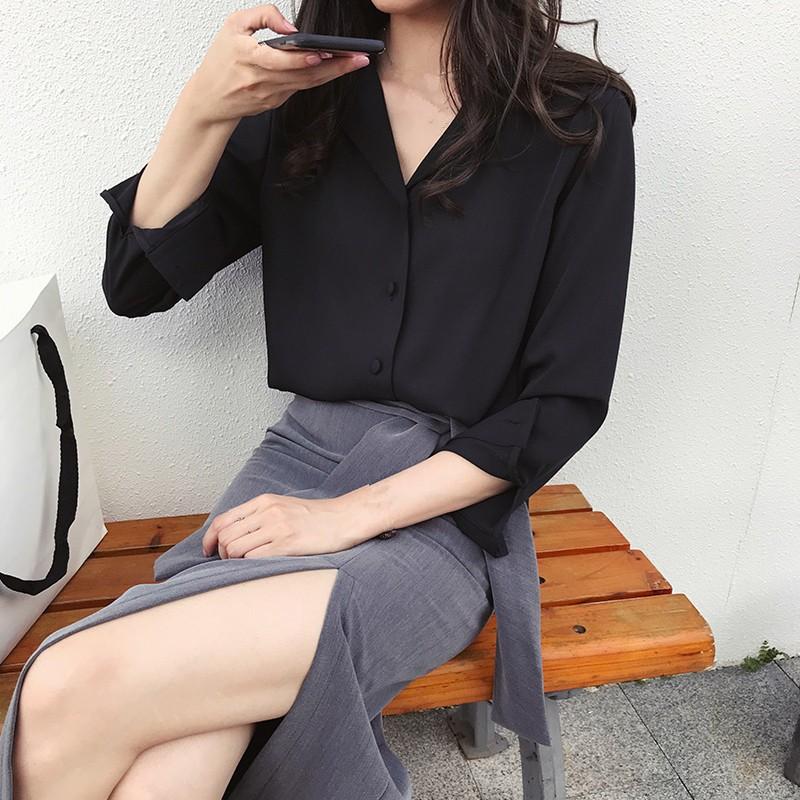 即納シャツブラウス大きいサイズ春ワイシャツ 長袖夏 フォーマル 黒
