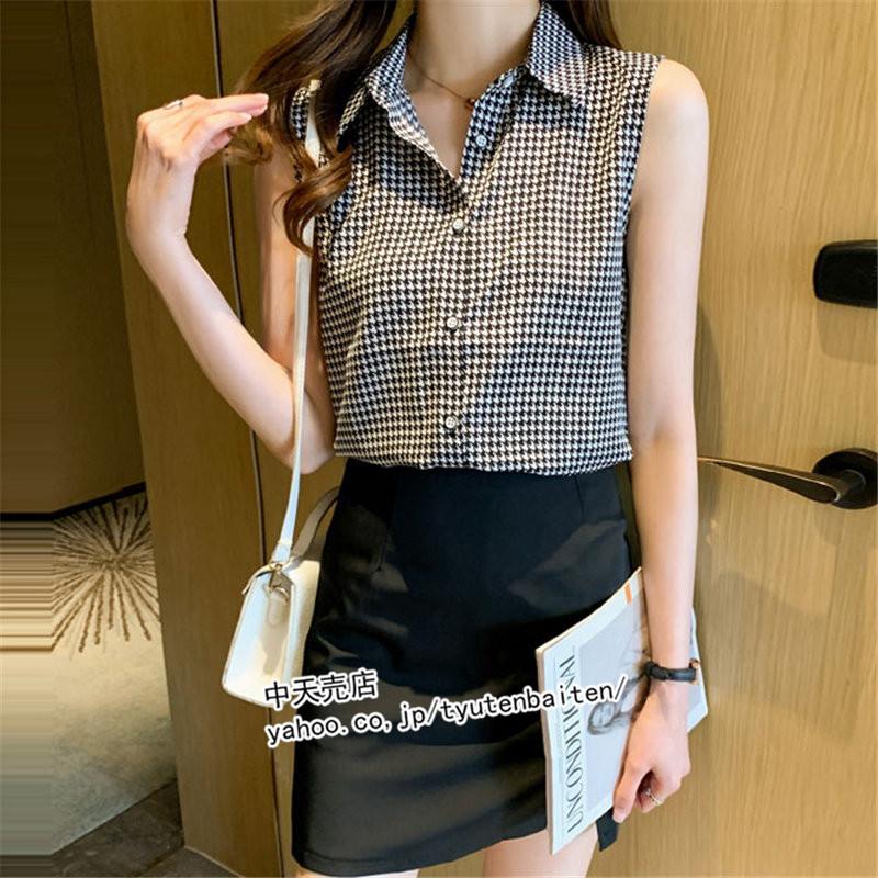 ブラウス 夏 レディース 新作 韓国風 Vネック 千鳥格柄 シフォン