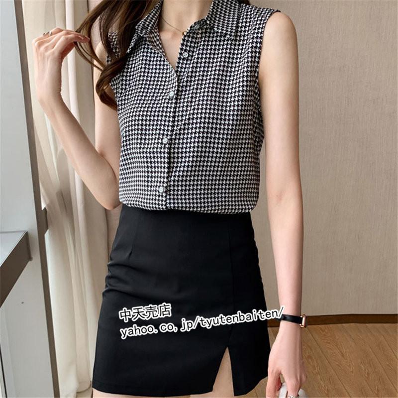ブラウス 夏 レディース 新作 韓国風 Vネック 千鳥格柄 シフォン