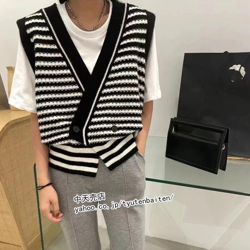 ベスト レディース 秋冬 ニットベスト ノースリーブアウター 秋アウター ｖネック ボーダー ゆったり カジュアル コーデ 前開き オシャレ 韓国風 40代 50代 大人 Bxly 中天売店 通販 Yahoo ショッピング