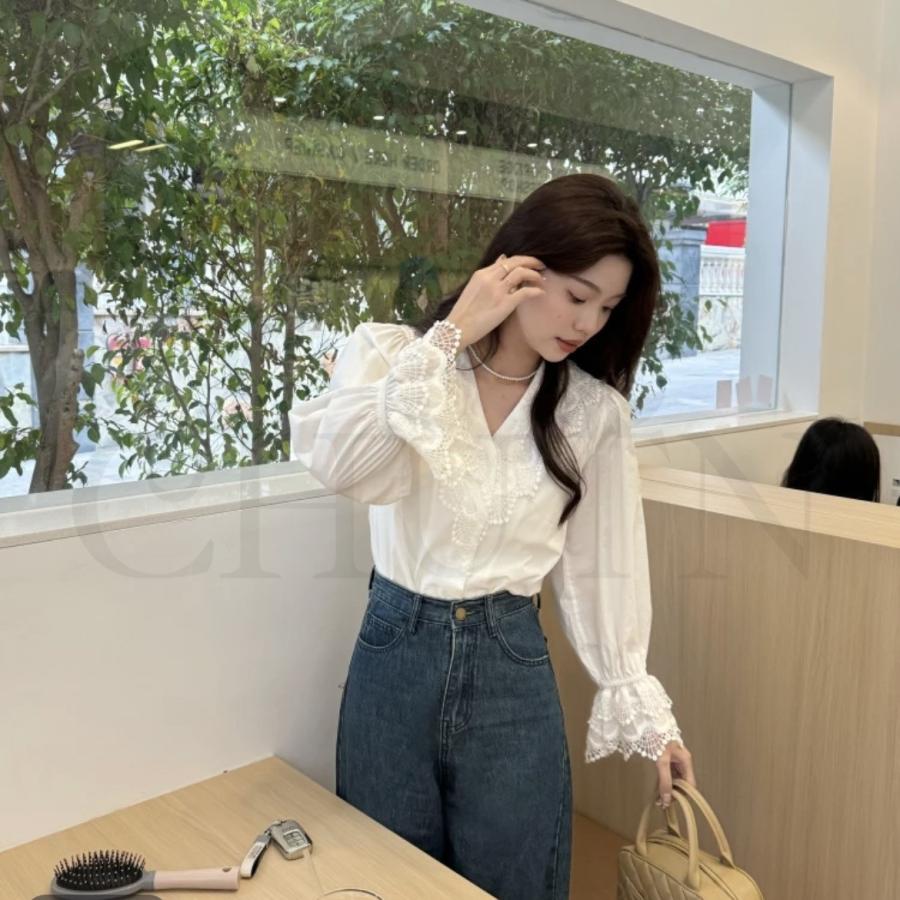 サマー可愛いブラウス レディース Vネック 40代夏長袖トップス サマー可愛いブラウス レディース Vネック 40代夏長袖トップス