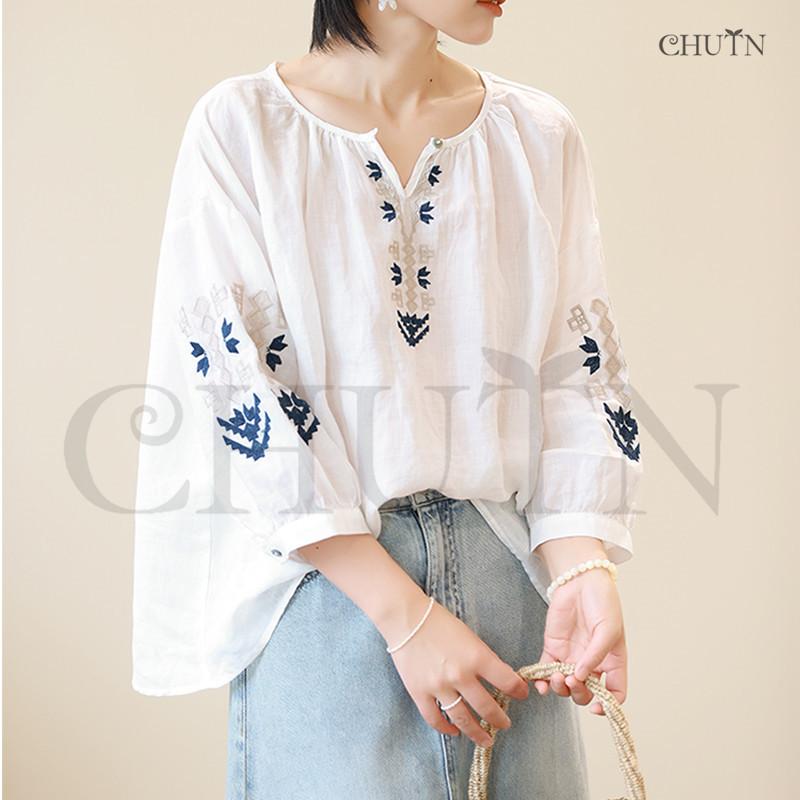 夏刺繍ブラウス 5分袖トップス レディース20代30代40代 キーネック