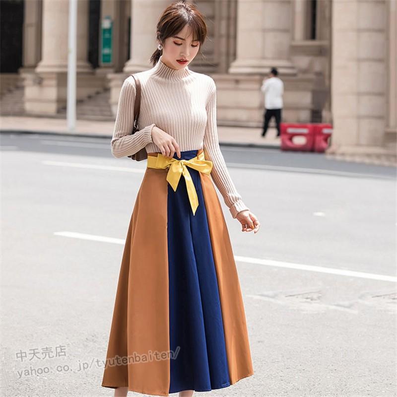 ドッキングスカート レディース リボン バイカラー プリーツ ウエスト