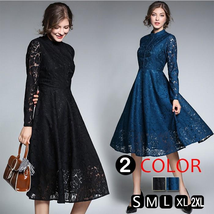 即納レースワンピースフレア パーティードレス結婚式ワンピース夏秋