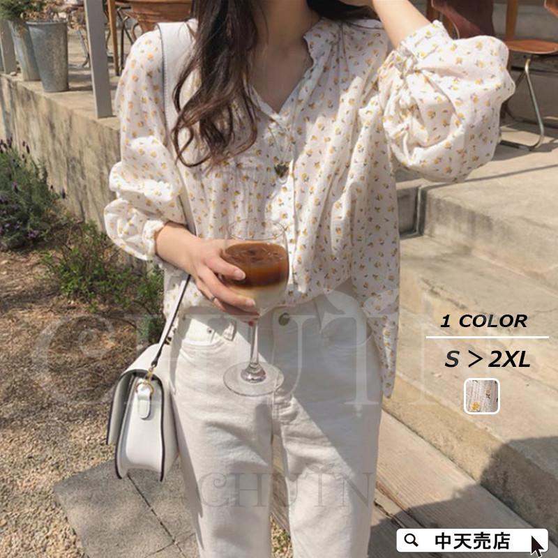 ブラウス レディース 長袖 シフォンブラウス 花柄 オシャレ キーネック