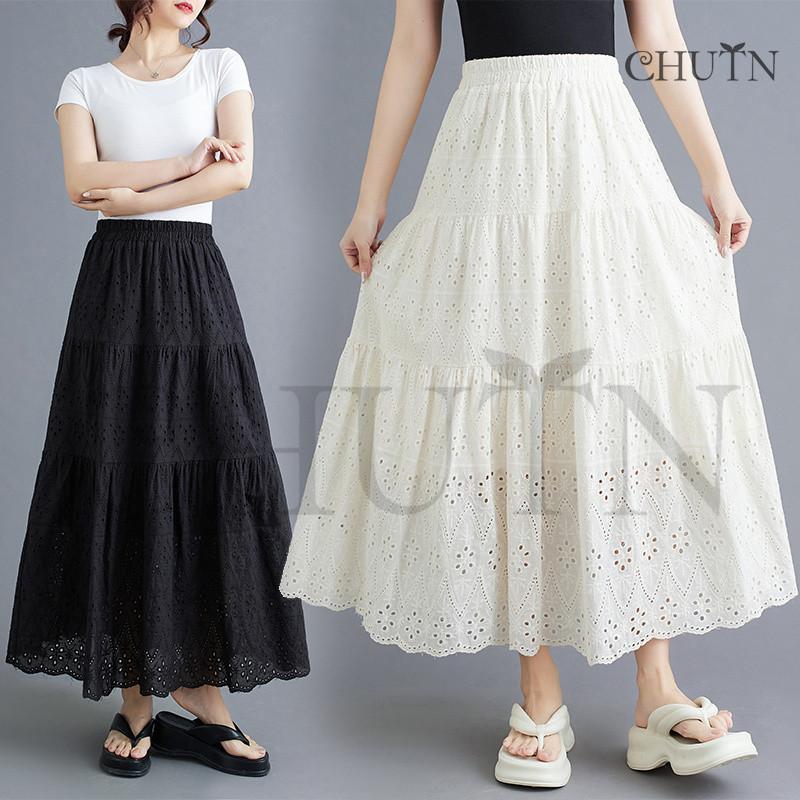 CHUTN夏コットンボイルタック綿麻ロングスカート レディース Aライン