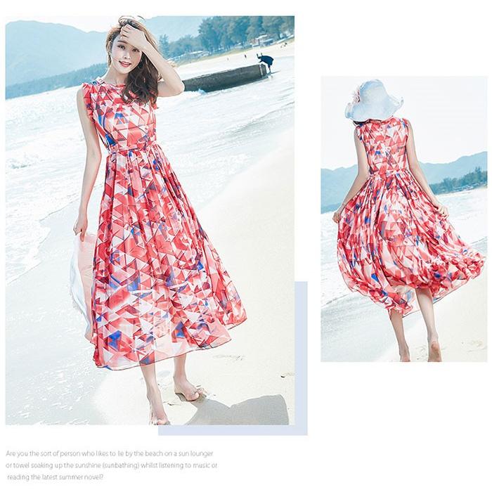 サマーマキシワンピ リゾート マキシワンピース総柄ノースリーブ