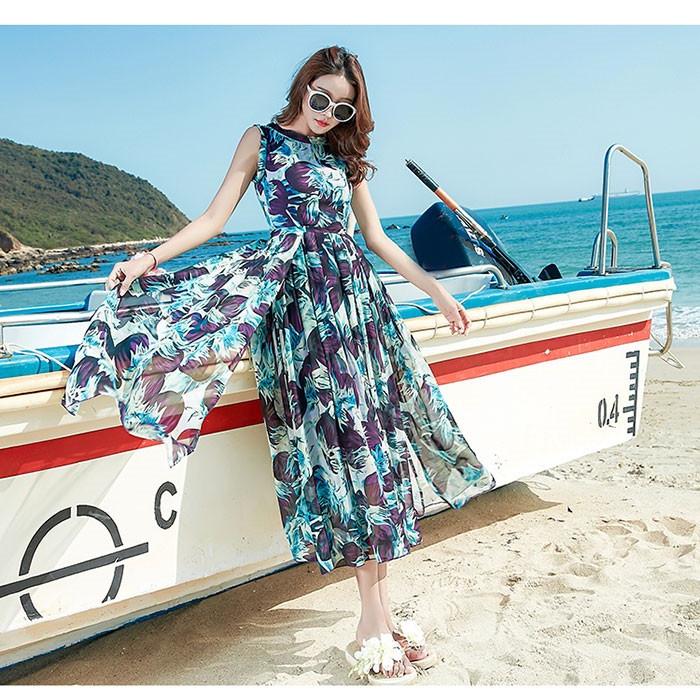 サマーマキシワンピ リゾート マキシワンピース総柄ノースリーブ