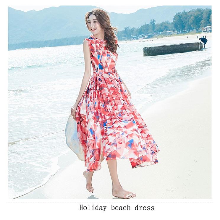 サマーマキシワンピ リゾート マキシワンピース総柄ノースリーブ