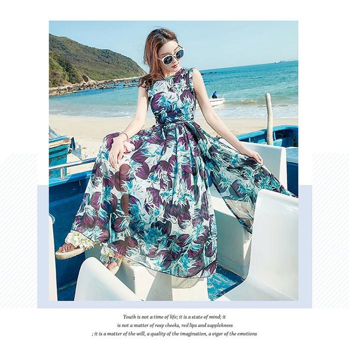 サマーマキシワンピ リゾート マキシワンピース総柄ノースリーブ