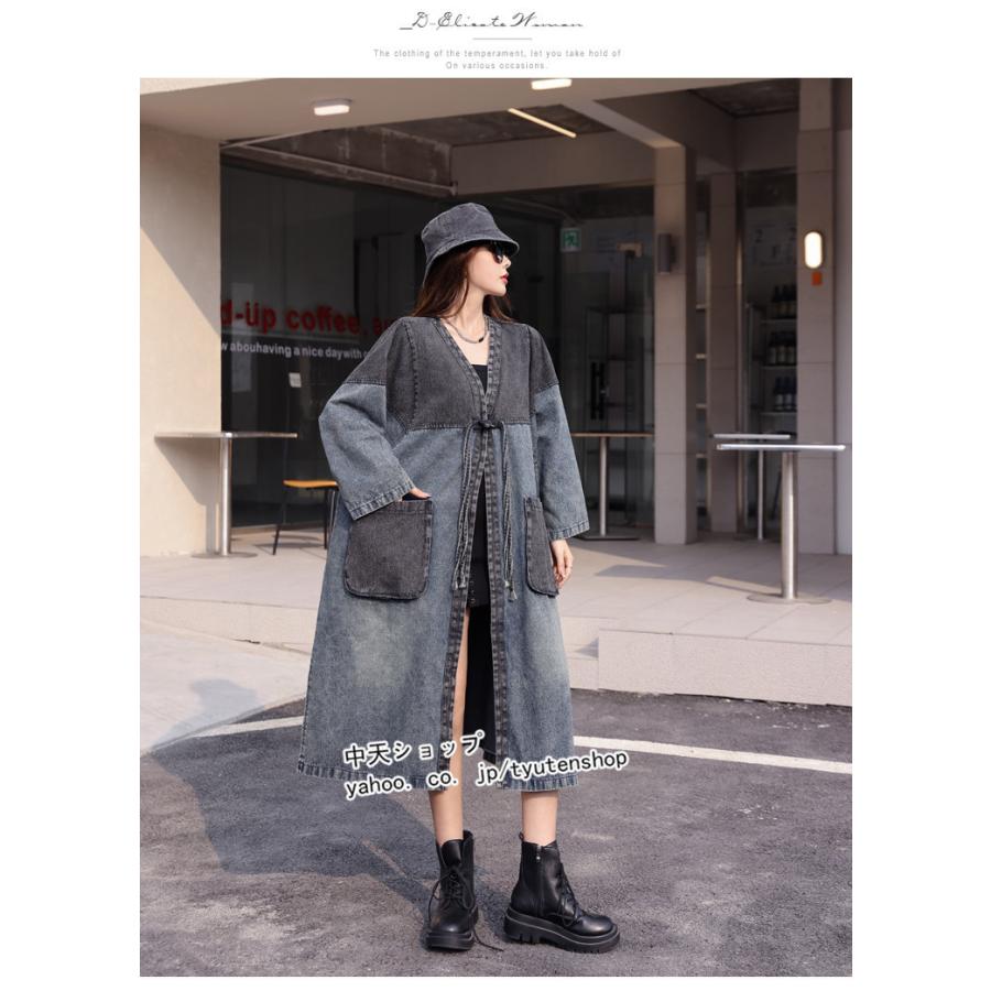 ロングコート レディース デニムコート 長袖 春コート vネックコート