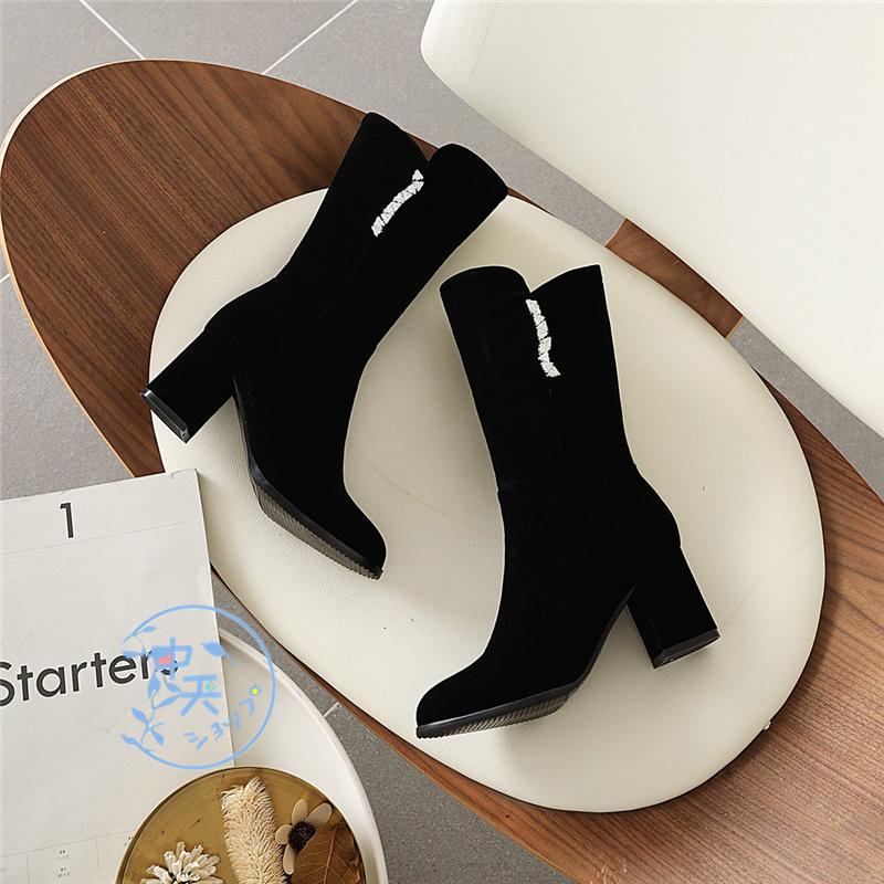 春ブーティー太めヒールレディースショートブーツ7cmヒール黒大きい