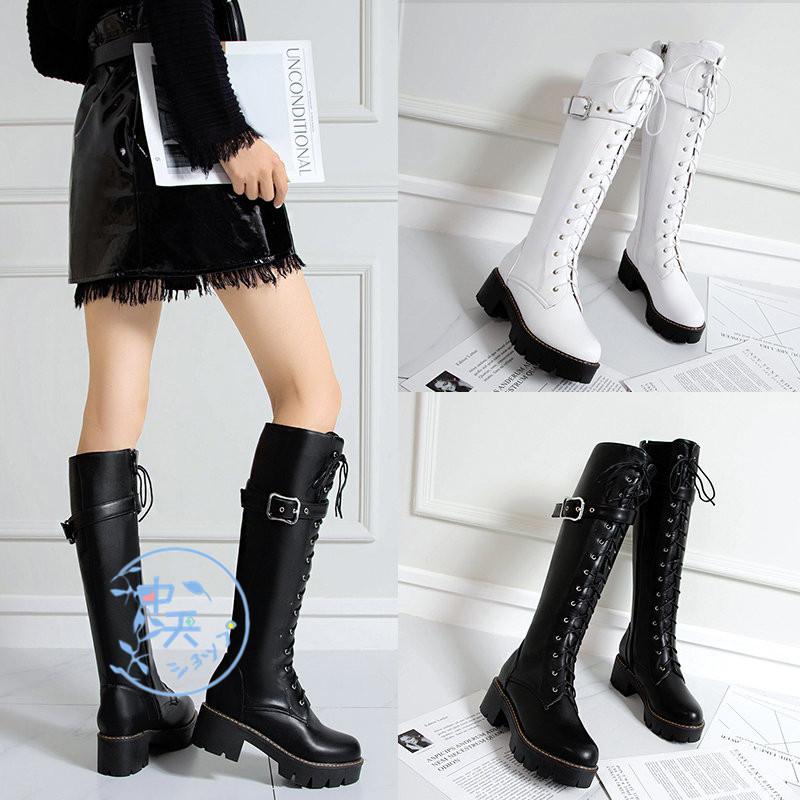 ロングブーツ ジョッキーブーツ 太ヒール 厚底編み上げブーツ 学院風