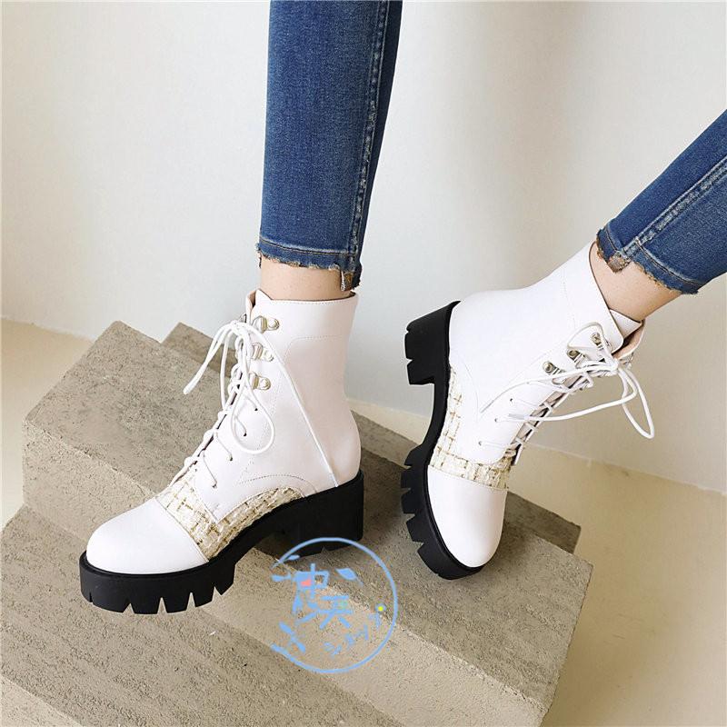 パンプス歩きやすい黒レースアップブーツショートブーツ黒/白韓国風