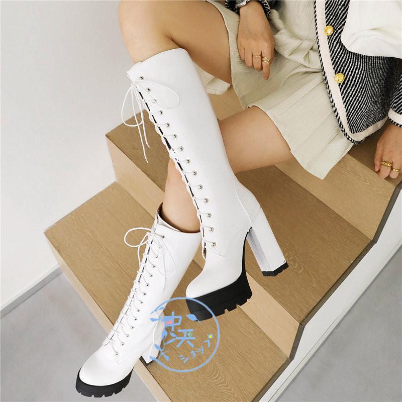 ロングブーツロングブーティージョッキーブーツ 太ヒール 厚底編み上げ