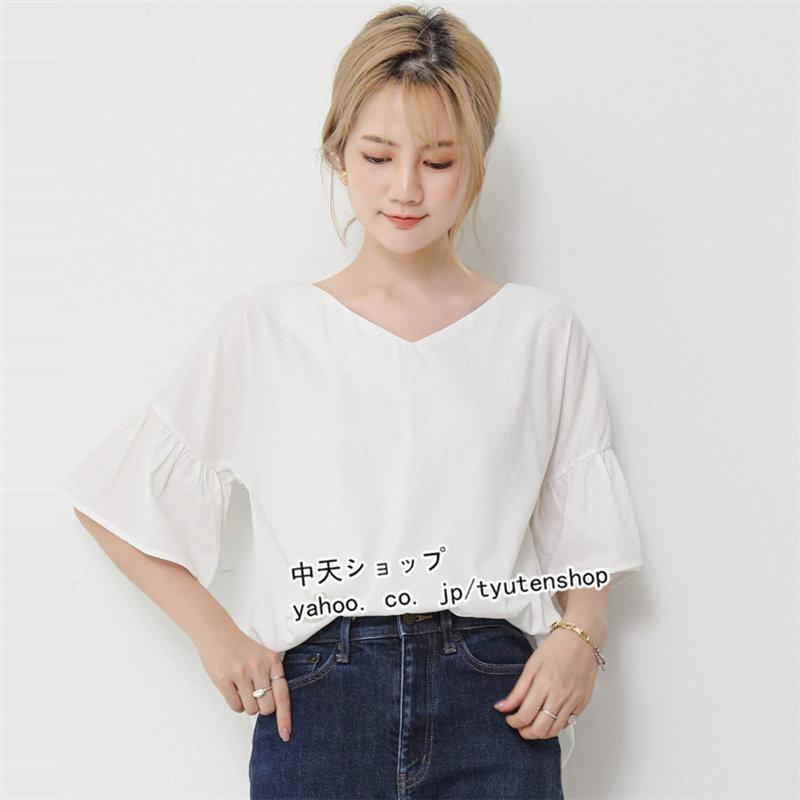 ブラウス レディース 30代40代50代 半袖 春夏 トップス Vネック シャツ