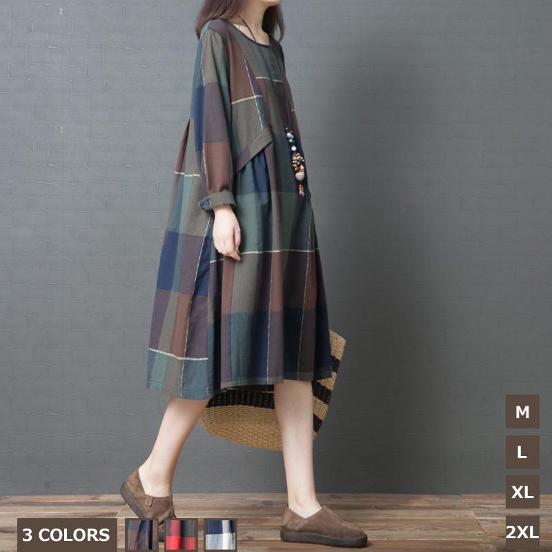 ワンピースレディース ゆったりワンピ 大きいサイズミモレ丈ワンピ お呼ばれワンピ チェック柄 Uネック カジュアルオシャレ着痩せ通勤森ガール30代40代 50代 Dk 中天ショップ 通販 Yahoo ショッピング