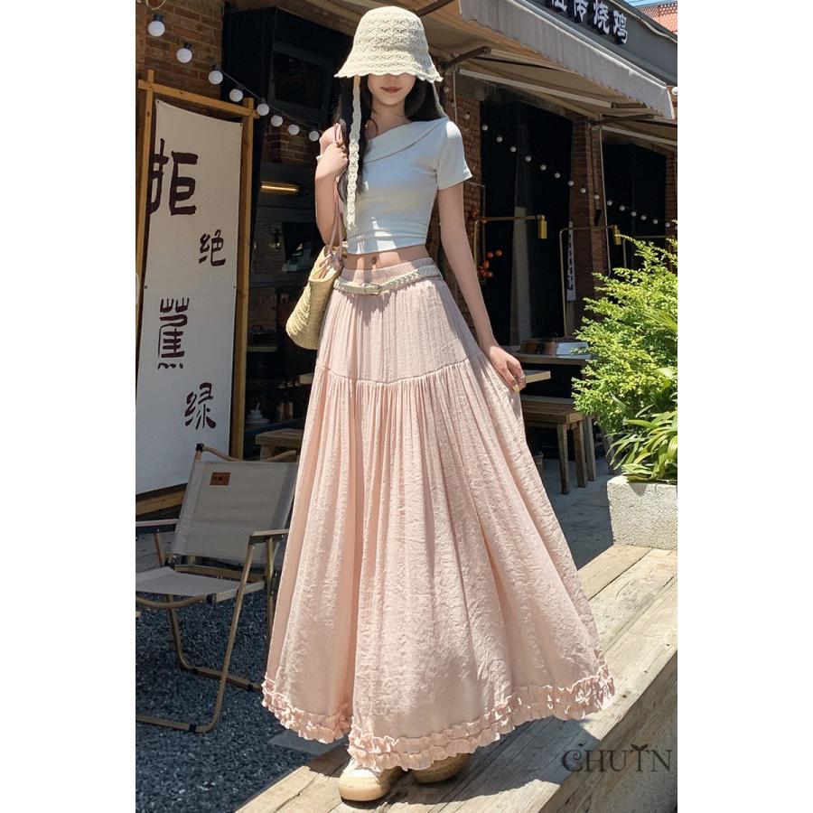 サマースカートロングフリル涼感綿麻ドッキングマキシスカート森ガール