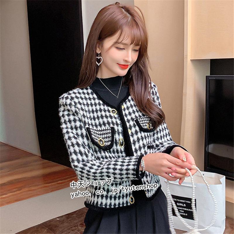 ジャケット ツイードジャケット レディース 千鳥格柄 ノーカラージャケット レトロ コート ショート丈コート アウター 気質 韓国 長袖ジャケット オシャレ 大人 手数料安い
