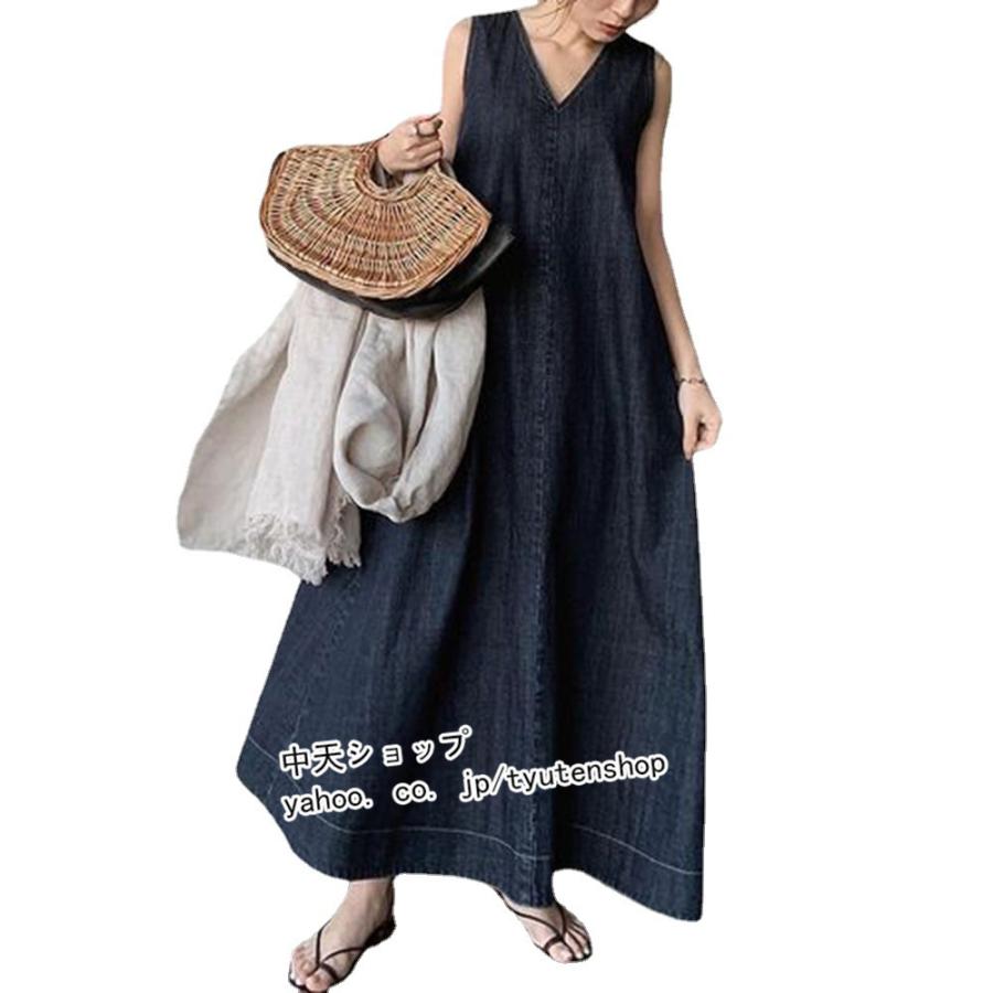 夏デニムワンピース レディース 夏 デニムワンピース ノースリーブ v