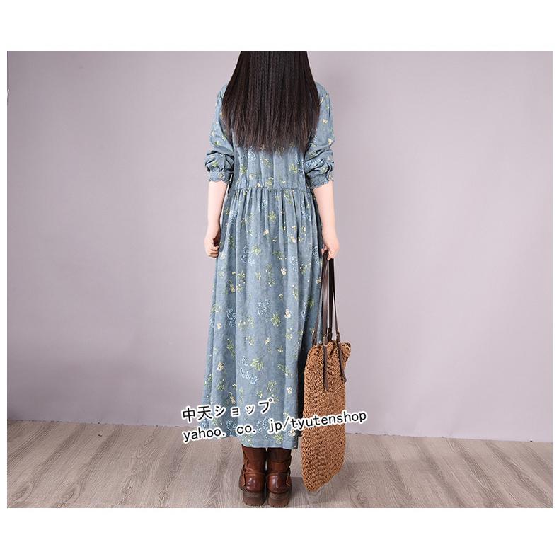 ロングワンピース夏 40代 レディース 長袖リネンワンピース花柄 綿麻風