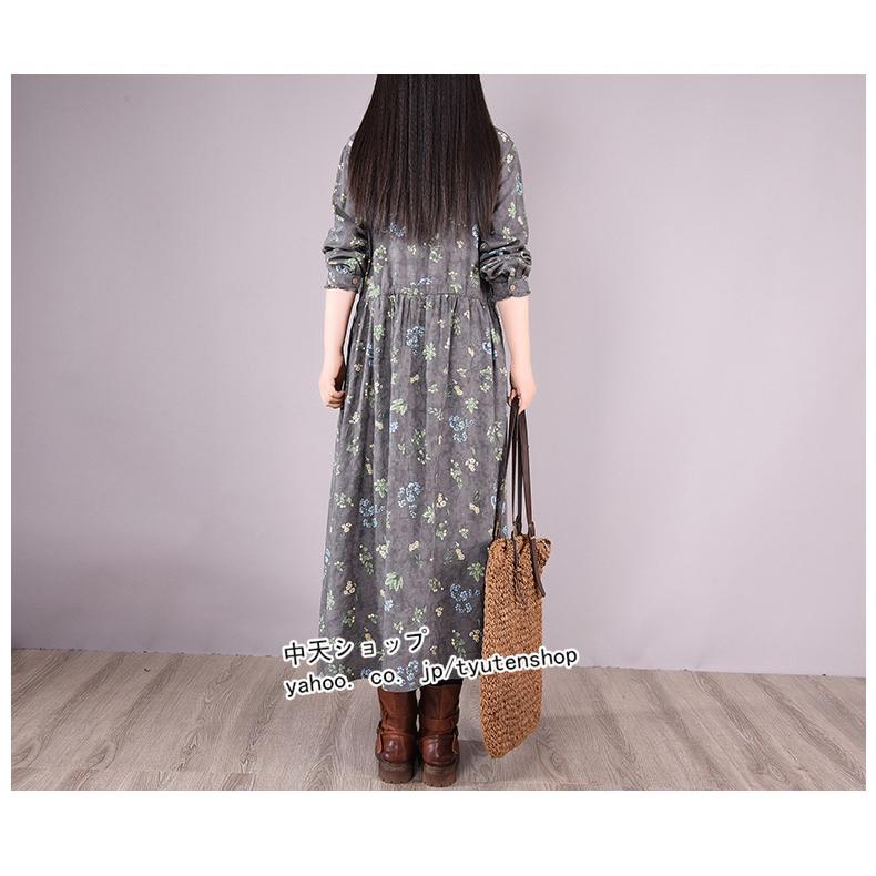 ロングワンピース夏 40代 レディース 長袖リネンワンピース花柄 綿麻風