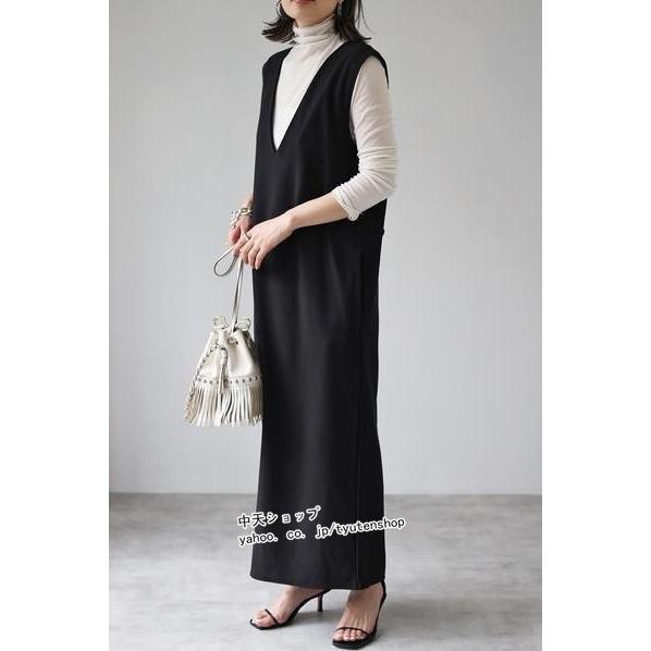 ベストワンピース レディース 40代 50代 vネック 無地 ロング  