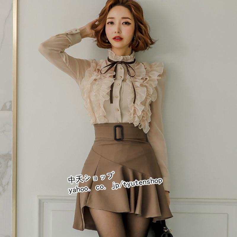 フリルスカート、ブラウス、カーディガンの３点セットです❣ トップス+スカート セットアップ レディース春 長袖ブラウス フリル