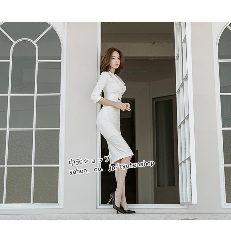 タイトワンピース 膝丈ワンピース 韓国風 白 七分袖ワンピース