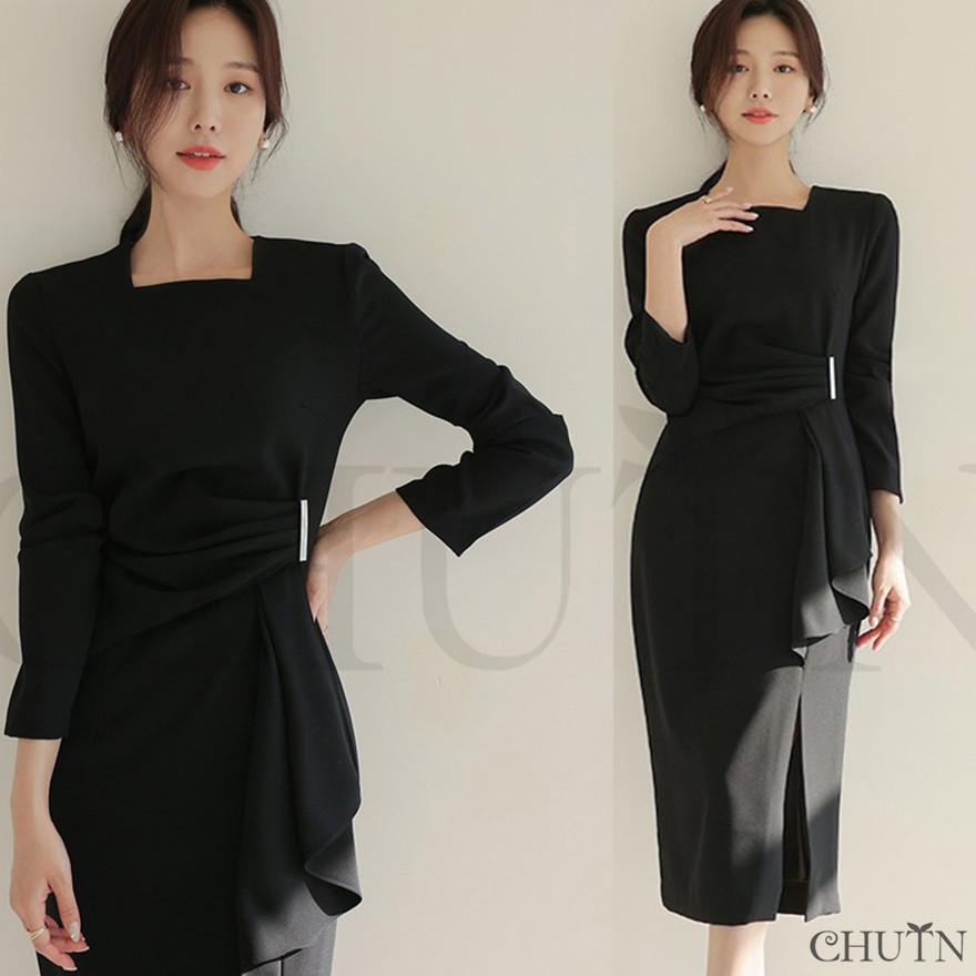 黒タイトワンピース膝丈レディース 長袖スーツワンピース着痩せ韓国風