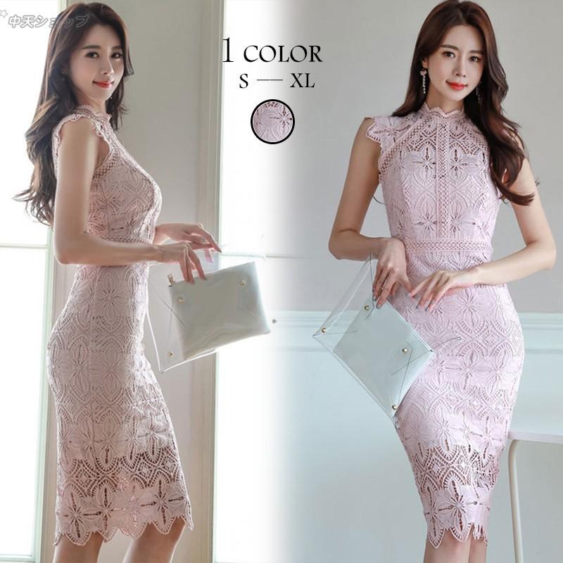 レースワンピースレディース 韓国風 ノースリーブ 膝丈タイト