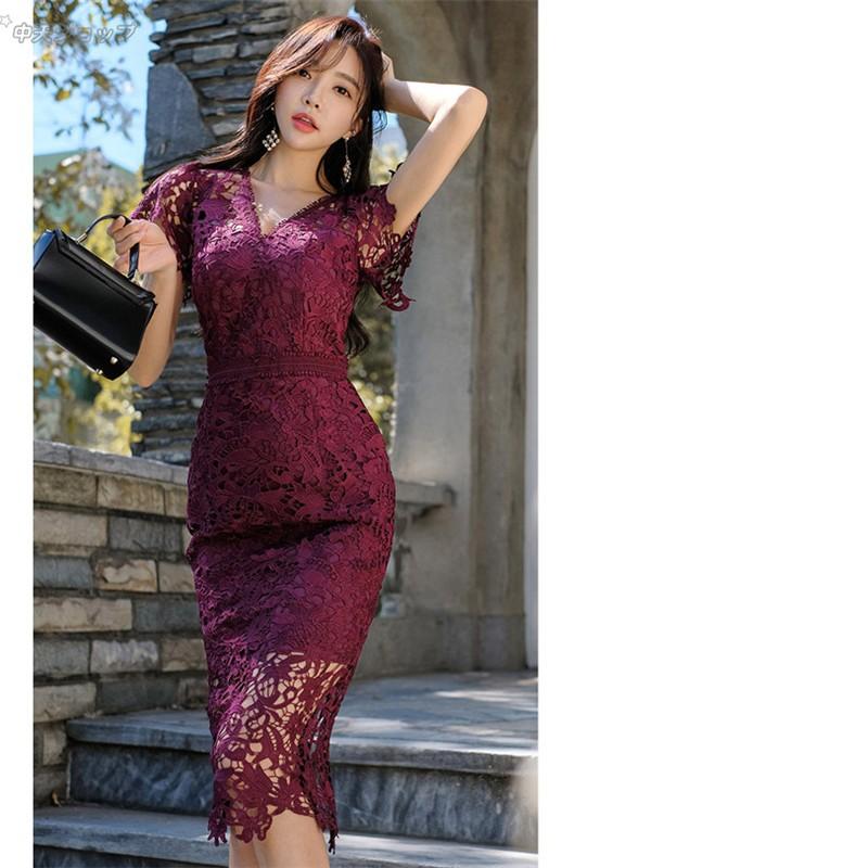 膝丈ワンピースレディース 韓国風新作 ｖネック 夏服 レースタイトワンピース おしゃれ ドレスワンピース 着痩せ 上品 代30代 パーティー 結婚式 Hav 中天ショップ 通販 Yahoo ショッピング