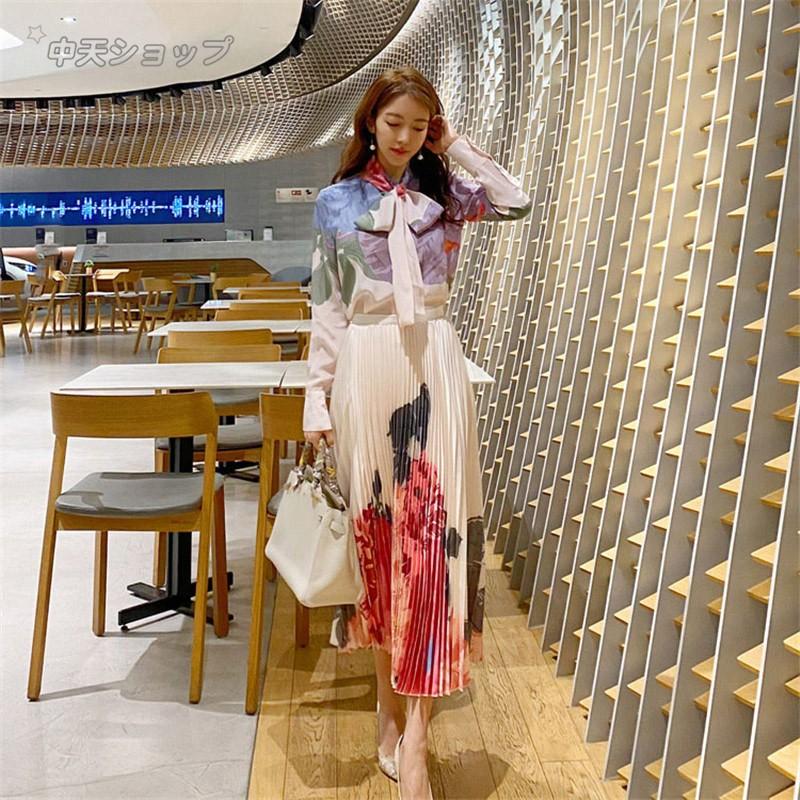 2点セット（トップス+スカート）韓国風夏服 長袖 花柄 上下セット