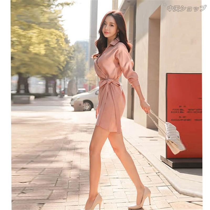 ワンピースレディース 韓国風 vネック 折り襟 長袖 シャツワンピース